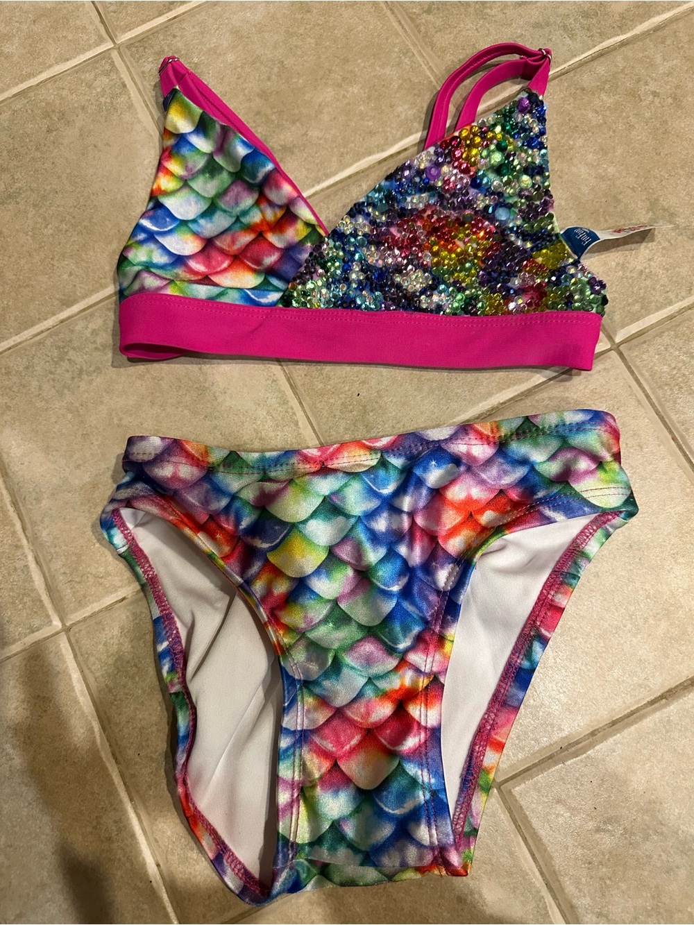 Girls' Multicolor Mermaid Scale Bikini with Pink Trim